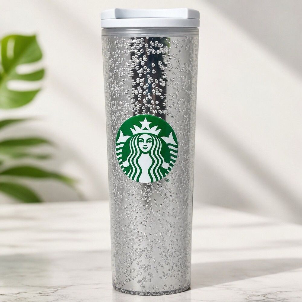 Starbucks Tumbler Silver Bubble Clear 16oz‎ Cold Cup White Lid Reusable BPA Free